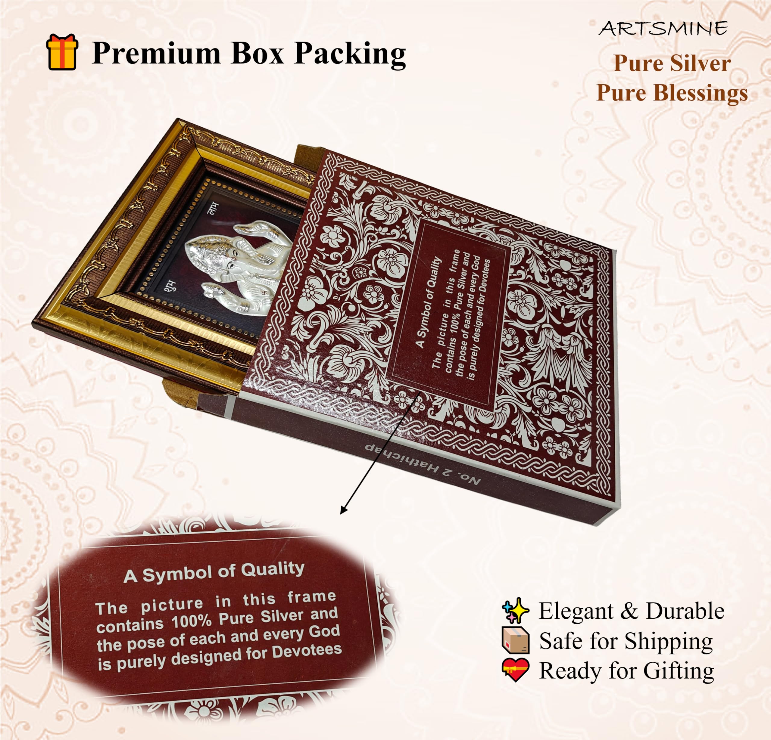 Artsmine 999 Silver Ganesh Rectangular Frame | Pooja Room Diwali Corporate Gift | Size H*L - 22 * 20 Cm | Wall Mount Ganesh Phot